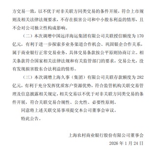 沪农商行：调整中远海运集团关联授信额度为170亿元