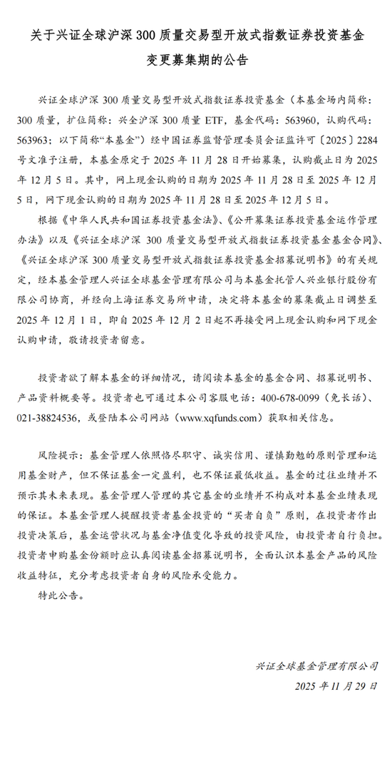 兴证全球沪深300质量ETF提前结募  第1张