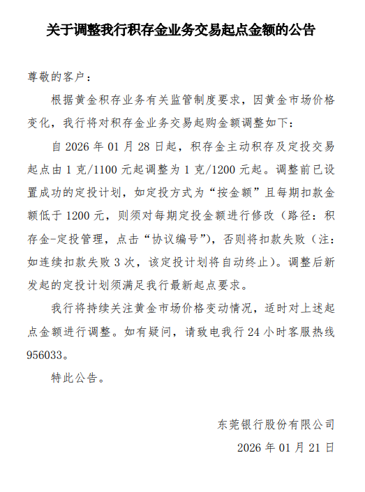 东莞银行：1月28日起，上调积存金起购金额至1200元/克  第1张